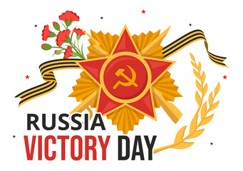 Fototapeta na wymiar Russian Victory Day on May 9 Illustration with Medal Star Of The Hero and Great Patriotic War in Flat Cartoon Hand Drawn for Landing Page Templates