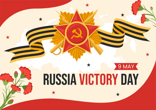 Russian Victory Day on May 9 Illustration with Medal Star Of The Hero and Great Patriotic War in Flat Cartoon Hand Drawn for Landing Page Templates