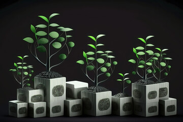 Seedlings are growing on the Coins stack with cubes, business growth, profit, and success development to achieve the target. Strategic planning, created with Generative AI