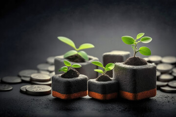 Seedlings are growing on the Coins stack with cubes, business growth, profit, and success development to achieve the target. Strategic planning, created with Generative AI