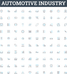 Automotive industry vector line icons set. Vehicles, Autos, Cars, Trucks, Engines, Automakers, Industry illustration outline concept symbols and signs
