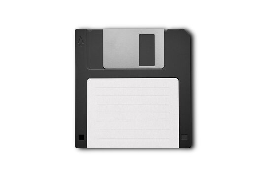 Floppy disk 3.5 inch isolated on white backround. Vintage computer diskette, top front view macro close-up.3d rendering.