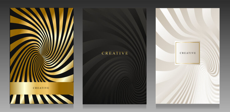 Elegant gold, black and white covers. Spiral metallic effect, abstract geometric: luxury vector pattern. 