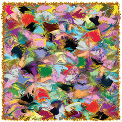 Square motley  guilt mat, doormat, rug, carpet, tapestry with grunge rough colorful elements and zigzag fringe isolated on white