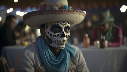 Mexican in a Mexican Sugar Skull mask at the Day of the Dead festival. Dia de los muertos, Mexican holiday of the dead and halloween. Generative AI