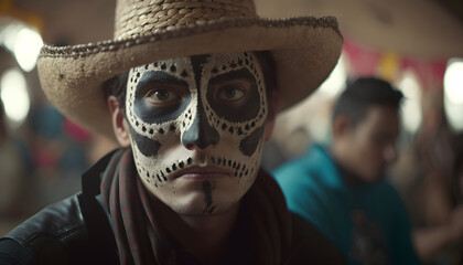 Mexican in a Mexican Sugar Skull mask at the Day of the Dead festival. Dia de los muertos, Mexican holiday of the dead and halloween. Generative AI