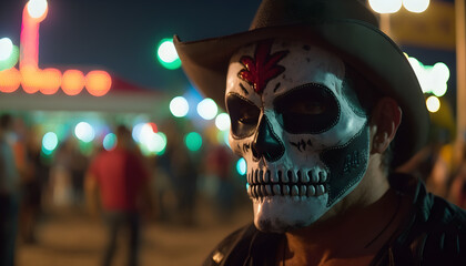 Mexican in a Mexican Sugar Skull mask at the Day of the Dead festival. Dia de los muertos, Mexican holiday of the dead and halloween. Generative AI