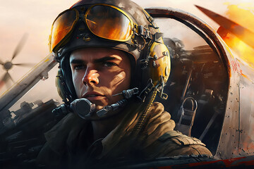 portrait of male pilot in cockpit of a military aircraft. Concept of air combat in war. Generative AI illustration - obrazy, fototapety, plakaty
