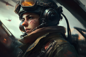 female pilot in cockpit of a military aircraft in a air fight in the war. Generative AI illustration