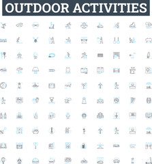 Outdoor activities vector line icons set. Hiking, Camping, Kayaking, Climbing, Biking, Swimming, Snowshoeing illustration outline concept symbols and signs