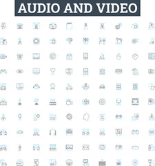 audio and video vector line icons set. Audio, Video, Sound, Music, Podcast, Radio, Broadcasting illustration outline concept symbols and signs