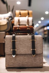 Beige women's handbag with black golden straps on a stand in a store