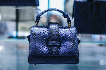 Blue leather python women's handbag on a stand in a store