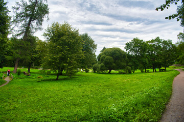 Fototapeta na wymiar Green meadow and trees in Park Mon Repos, Vyborg, Russia