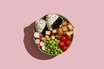 vegan bowl  with onigiri. top view