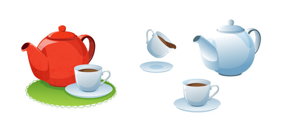 Kettle drawn flat vector illustration. Funny dishes isolated on white background. Children book illustration design.