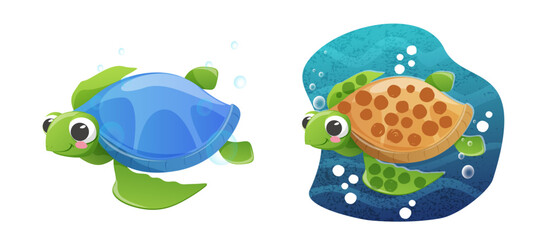 Vector illustration of a realistic design. Sea turtle with a red shell. Marine inhabitants. Children's illustration.