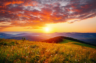 The sun sets over the mountain ranges. Carpathian mountains, Ukraine, Europe. - Powered by Adobe
