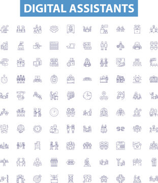 Digital assistants line icons, signs set. Virtual, Assistants, Digital, Siri, Alexa, Cortana, Bixby, Google, Home outline vector illustrations.