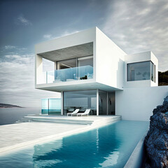 Fototapeta na wymiar Amazing modern beach house, beach villa. Architectural exterior design. Inspiration, concept for designers and architects. Generative AI