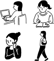 女性　主婦　困る　歩く　パソコン　線画