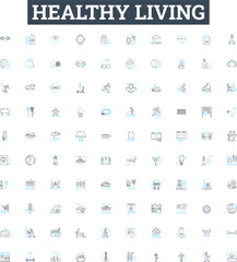Healthy living vector line icons set. Nutrition, Exercise, Hydration, Sleep, Stress, Meditation, Immunity illustration outline concept symbols and signs