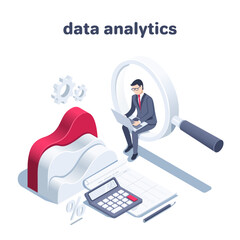 isometric vector illustration on a white background, a man in business clothes with a laptop sits on a magnifying glass near a document with data and a wavy chart, data analytics