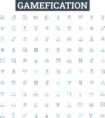 Gamefication vector line icons set. Gamification, Game, Gaming, Reward, Motivate, Points, Goal illustration outline concept symbols and signs