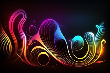 Neon multicolored led lines on a dark night background. Wave futuristic wallpaper. generative ai