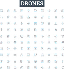 Drones vector line icons set. Drones, quadcopters, UAVs, flying robots, multi-rotor, autonomous, remote control illustration outline concept symbols and signs