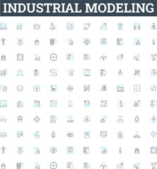 industrial modeling vector line icons set. Industrial, Modeling, Manufacturing, Process, Factory, Simulation, Analysis illustration outline concept symbols and signs