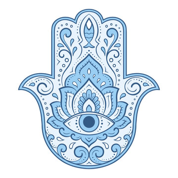 Colorful Hamsa hand drawn symbol with flower. Decorative pattern in oriental style for interior decoration and henna drawings. The ancient sign of "Hand of Fatima". Blue design on white background.