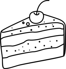 Cake piece counter outlines. Snack yummy, berry and tasty, pie with cherry. Sweet food, dessert piece. Sweet Cake Dessert with Creme Pie Slice Piece Flat line. PNG image. Uncolored outline