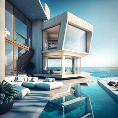 Obraz premium Amazing modern beach house, beach villa. Architectural exterior design. Inspiration, concept for designers and architects. Generative AI