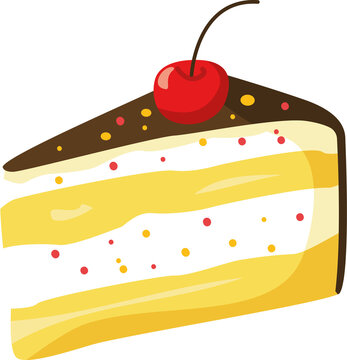 Cake piece. with cherry. Cartoon Snack yummy, berry and tasty, pie with cherry. Sweet food, dessert piece. Sweet Cake Dessert with Creme Pie Slice Piece Flat line. PNG image. Colored and outline