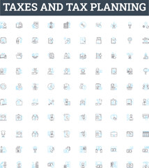 Taxes and tax planning vector line icons set. Taxes, Taxation, Taxation Planning, Planning, Return, Deductible, Payroll illustration outline concept symbols and signs