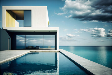 Fototapeta na wymiar Amazing modern beach house, beach villa. Architectural exterior design. Inspiration, concept for designers and architects. Generative AI