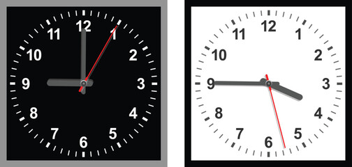 set of  black and white clock, square shape clock