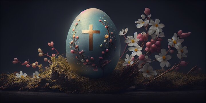 The natural and rustic frame of this decorative Easter egg with a cross creates a warm and cozy atmosphere, generative ai