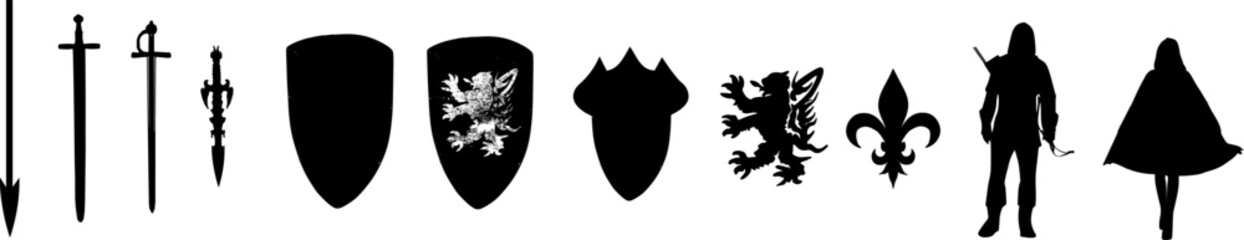 Set mittelalterlicher Elemente: Figuren, Waffen und Symbole