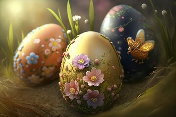 Fototapeta na wymiar Easter eggs in the background a beautiful surreal landscape, generative AI