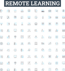 Remote learning vector line icons set. Remote, Learning, Online, Education, Teleclass, Videoconferencing, Webinar illustration outline concept symbols and signs