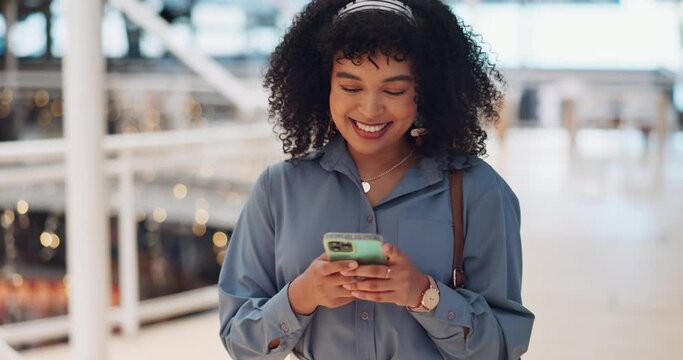 Phone, smile and black woman in a shopping mall reading social media, web and mobile internet text. Happy online communication, online shopping and mobile phone webpage sale of a woman on a app