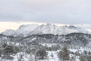 Snow landscape in the mountains of arctic Norway in winter