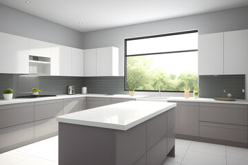 Fototapeta na wymiar Realistic 3D render close up blank empty space countertop in modern grey build in kitchen cabinet set for household products display with white ceramic wall tiles in background. Sunlight, utensils.