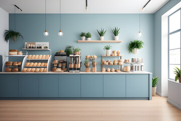 Realistic 3D render cafe interior design in pastel minimal style, Front view of coffee shop counter with bakery display and decoration plants. Blank blue wall panel, Morning sunlight, Homemade, mockup
