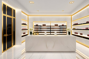 Empty white marble counter in elegant and luxury interior design of beauty cosmetic shop with gold steel shelf and personal, skin and hair care product and decorative glass backdrop partition