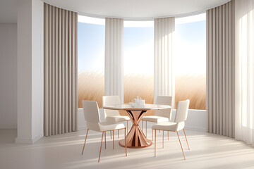 3D render shiny luxurious empty rose gold stylish round table with dries pampas grass bouquet, blowing white curtain and blank beige wall in background. Sunlight, Beauty, Premium, Products display.
