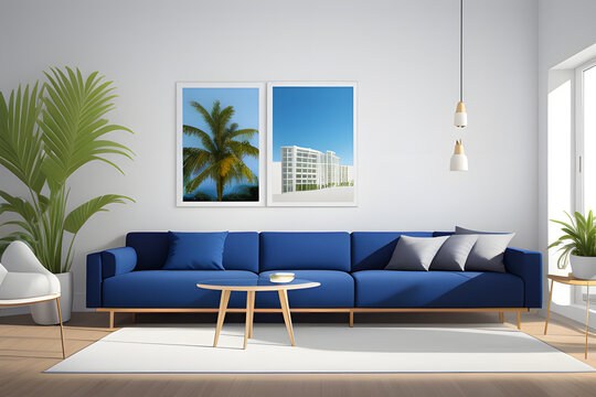Realistic 3D render blank photo frame for art and poster mock up, Cobalt blue interior design, Luxury one seated sofa with side table and decor palm tree. Sunlight, Background, Template, Hotel, Home.