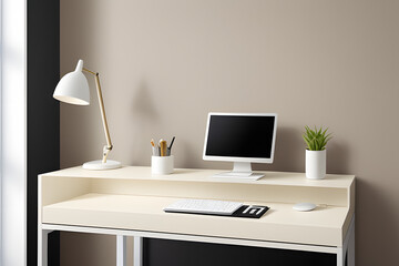 Modern design white height adjustable standing desk with digital controller, computer desktop, printer, flower vase in sunlight on cream wallpaper wall for technology, lifestyle product background